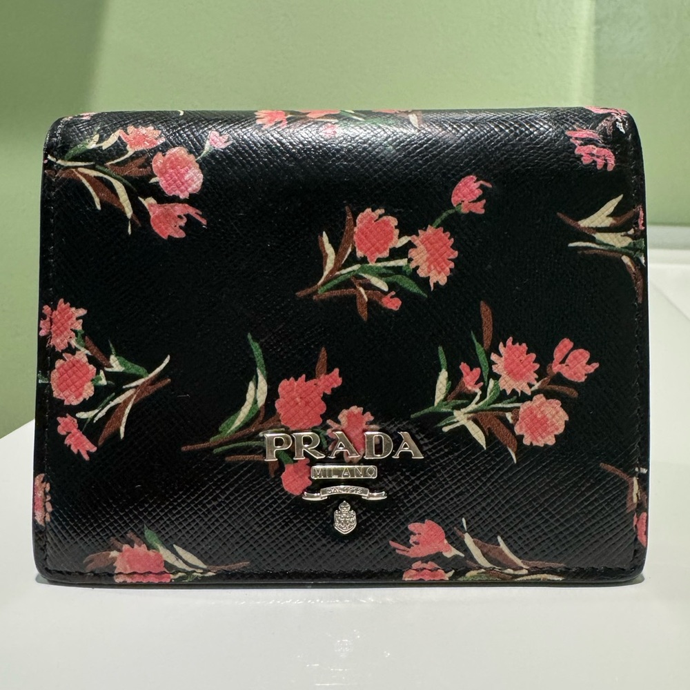 PRADA Saffiano Leather Small Bifold Wallet Black Floral Print